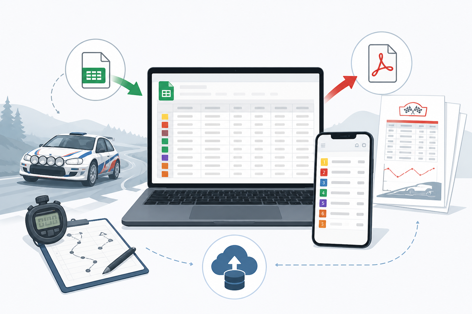 Illustration of CSV import and PDF reports in Rally Start Timer