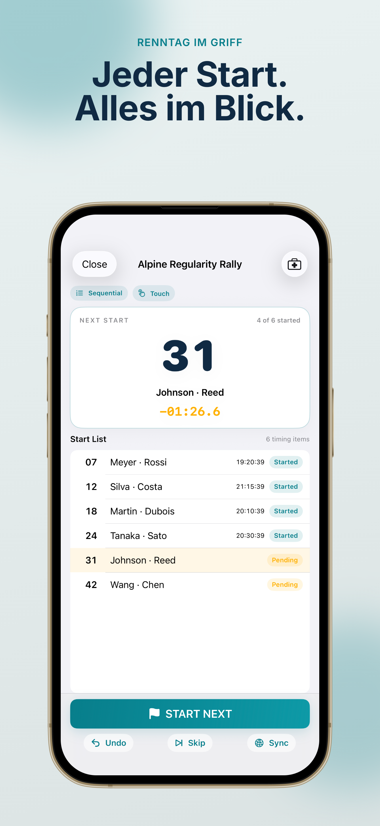Rally Start Timer Renntag-Dashboard mit nächstem Fahrzeug und Countdown