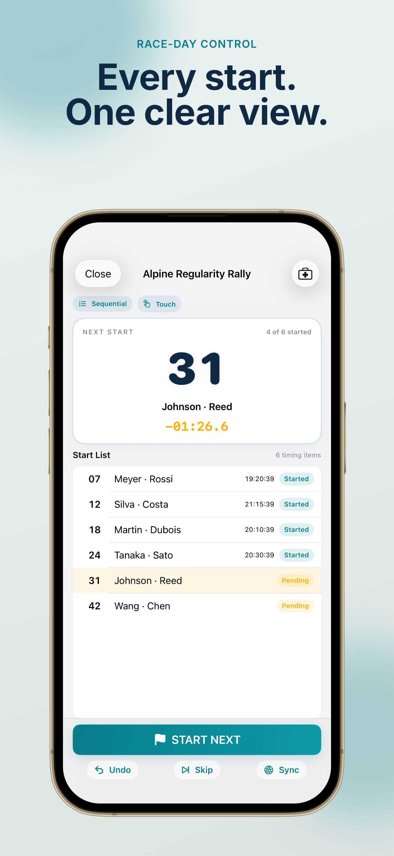 Rally Start Timer race dashboard with next car and countdown