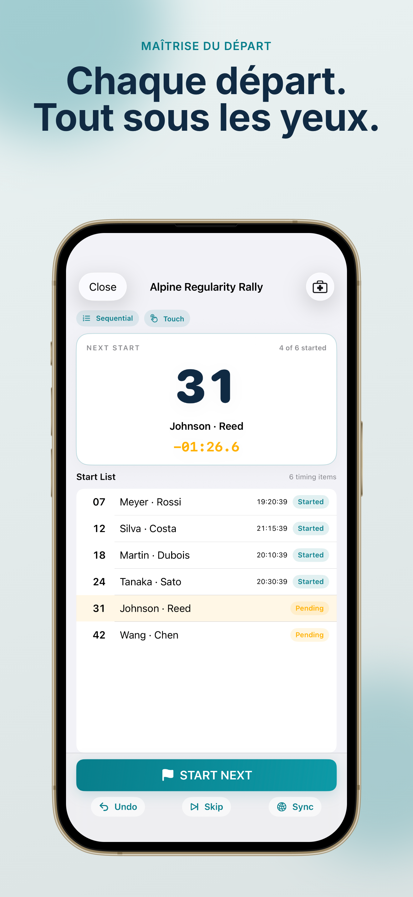 Tableau de bord Rally Start Timer avec prochaine voiture et compte à rebours
