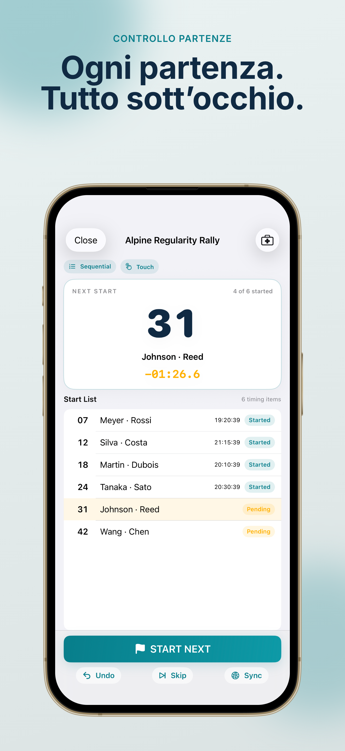 Dashboard gara Rally Start Timer con prossima auto e countdown
