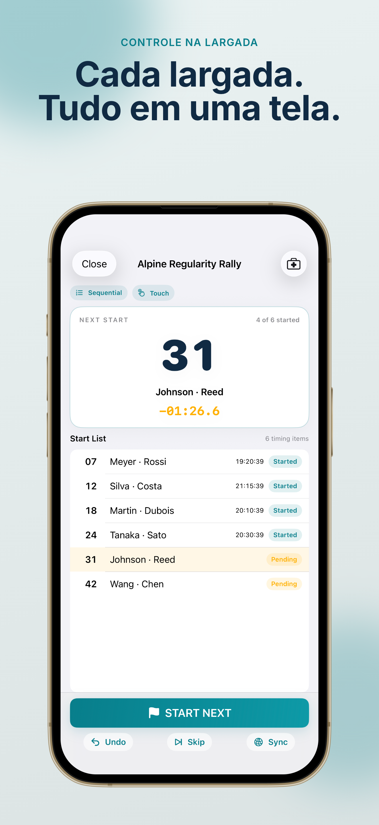 Painel de prova do Rally Start Timer com próximo carro e contagem regressiva
