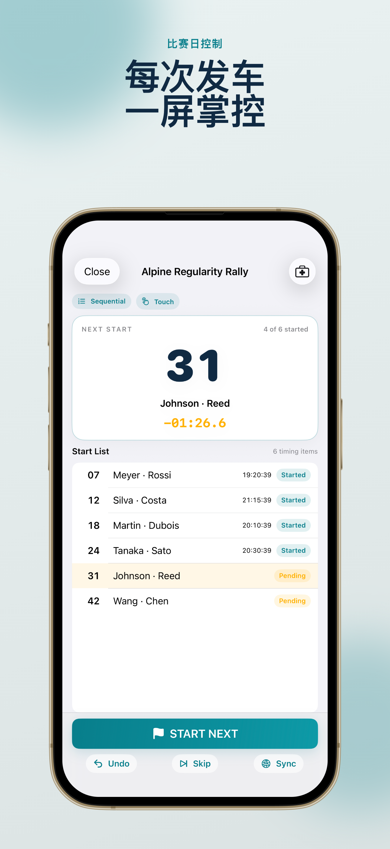 Rally Start Timer 比赛仪表盘，显示下一辆车与倒计时